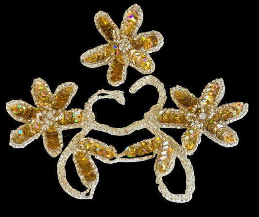 Triple Flower with Gold Sequins, Silver Beads and Pearl Pearl 5" x 4" Choice of Spotlight Gold or Regular Gold