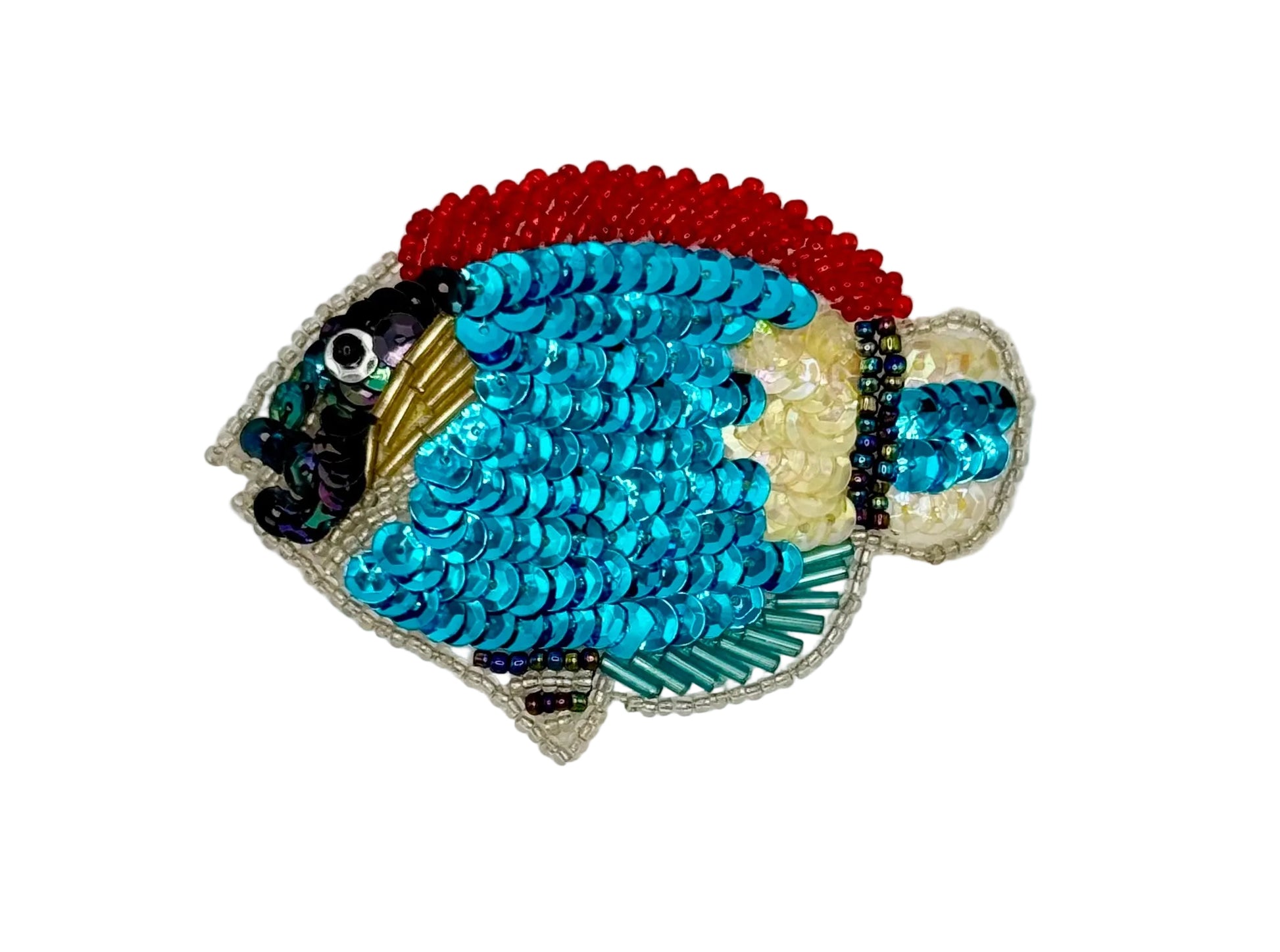Sequin and bead Decorative colorful fish with turquoise, red, and black colors on a white background
