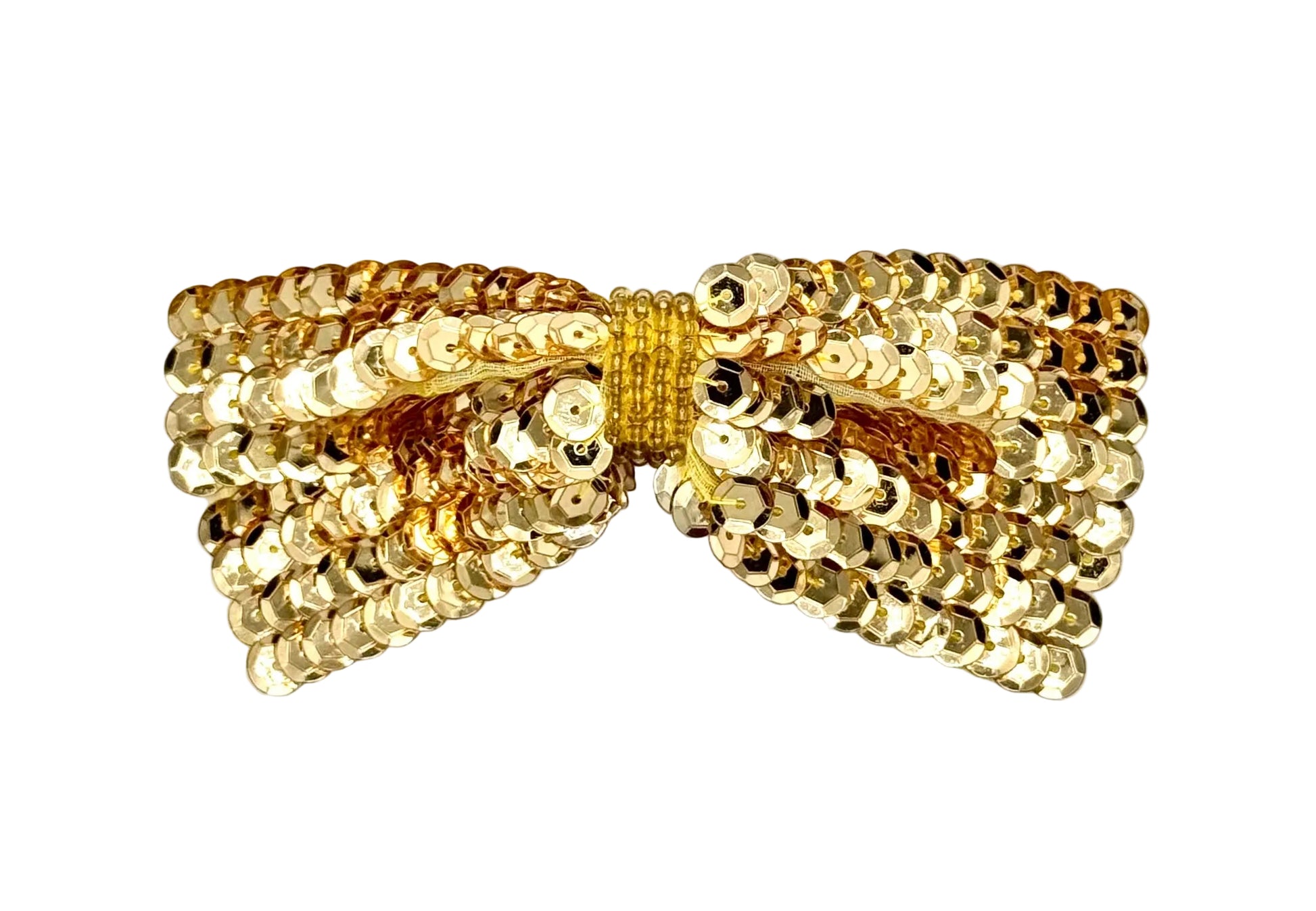 Gold sequin bow on a white background