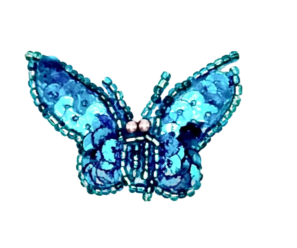 Turquoise butterfly patch with sequins and beads on a white background