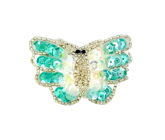 Butterfly - Light Turquoise and Iridescent Sequins - Silver Glass Beads 2.5" x 1.5"