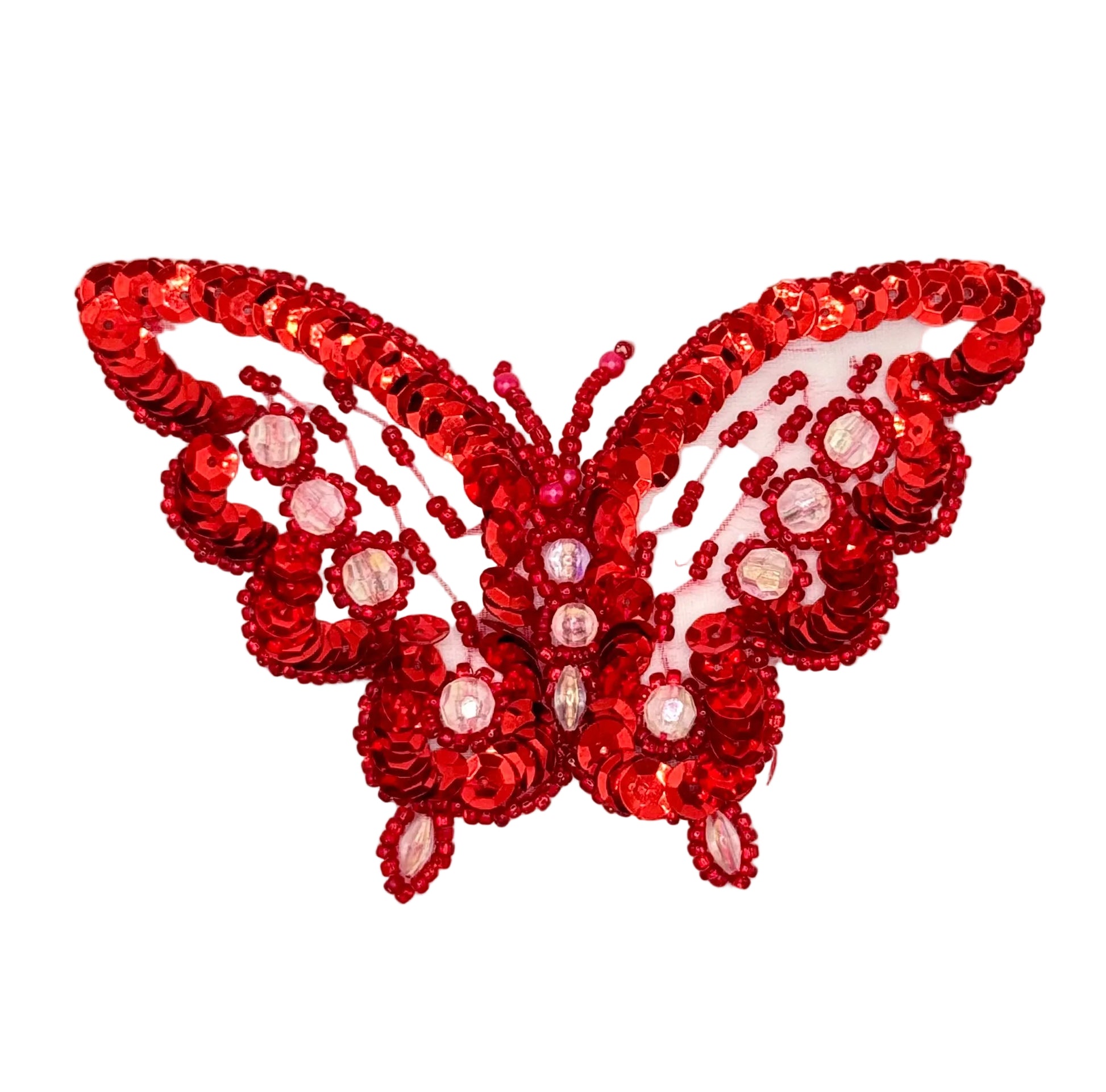 Red butterfly-shaped sequin patch on a white background