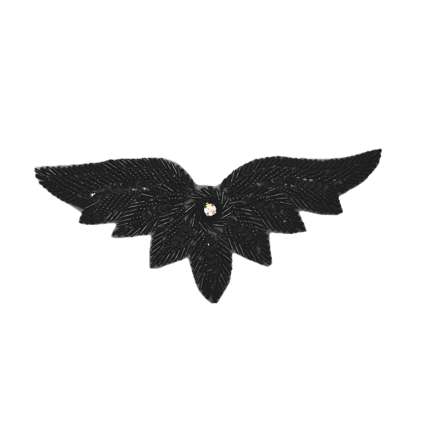 Black feathered patch with a central rhinestone on a white background