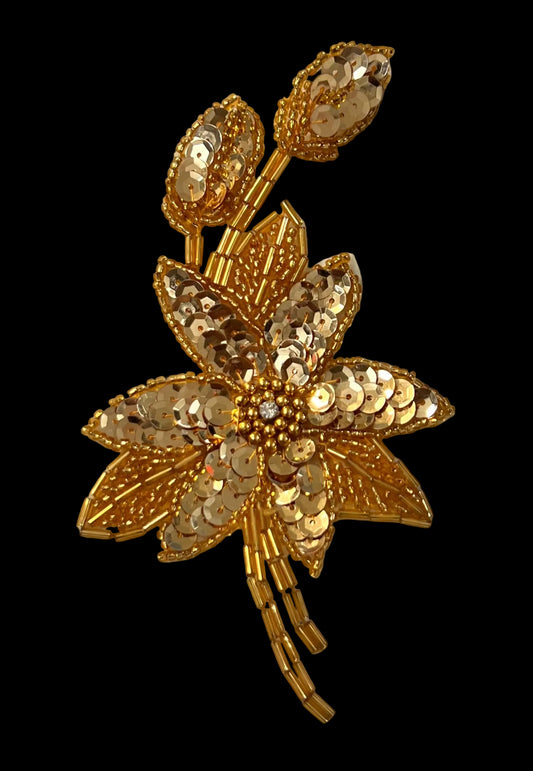 Flor Individual con Lentejuelas Doradas, Cuentas y Pedrería 6" x 3.5"
