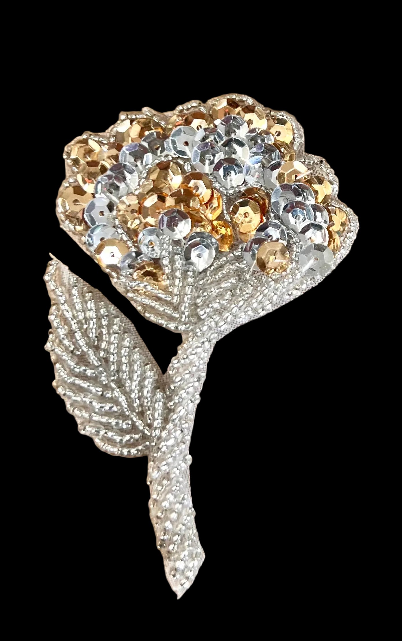 Flower with Silver Beads and Gold and Silver Sequins 3"
