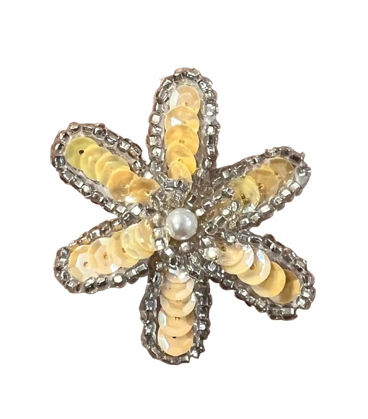 Flor con lentejuelas amarillo claro, perlas y abalorios plateados de 3.8 cm