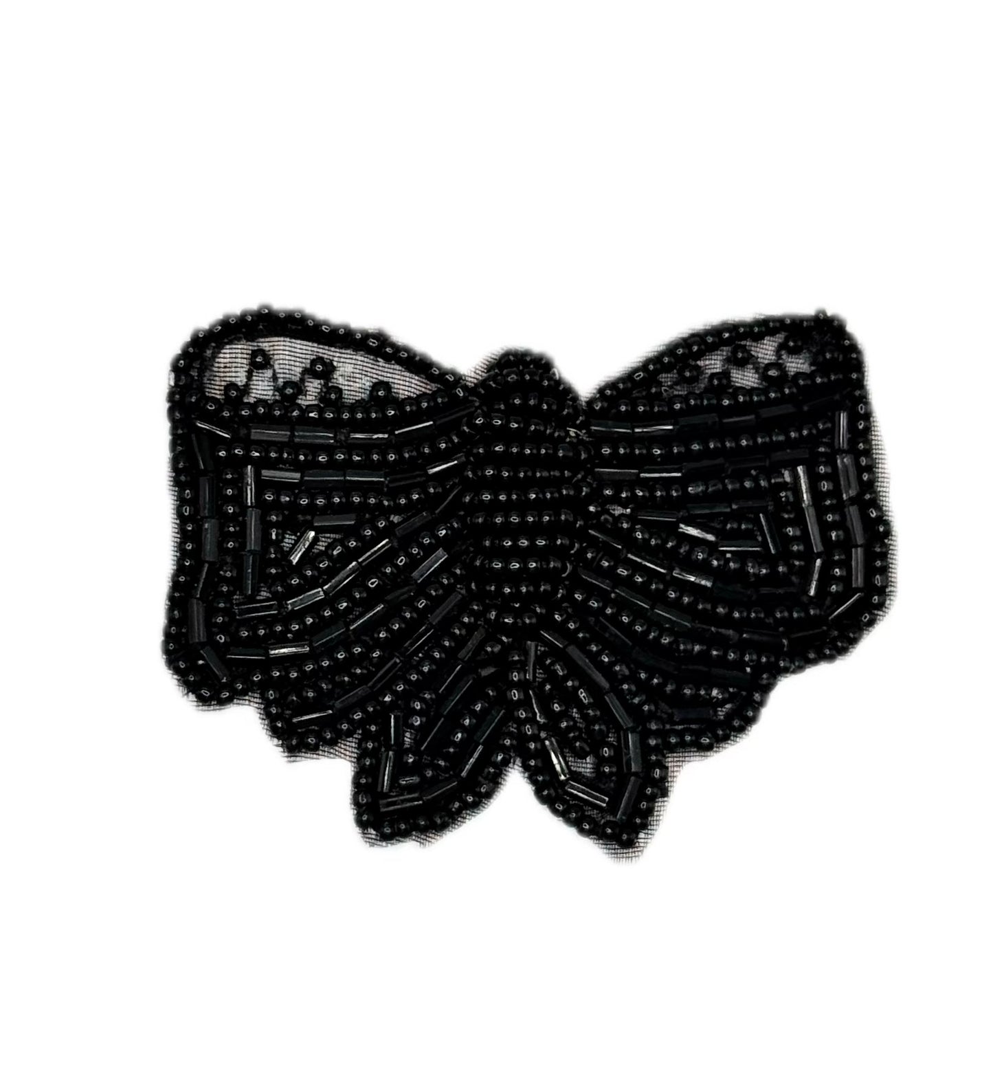 Black beaded butterfly patch on a white background