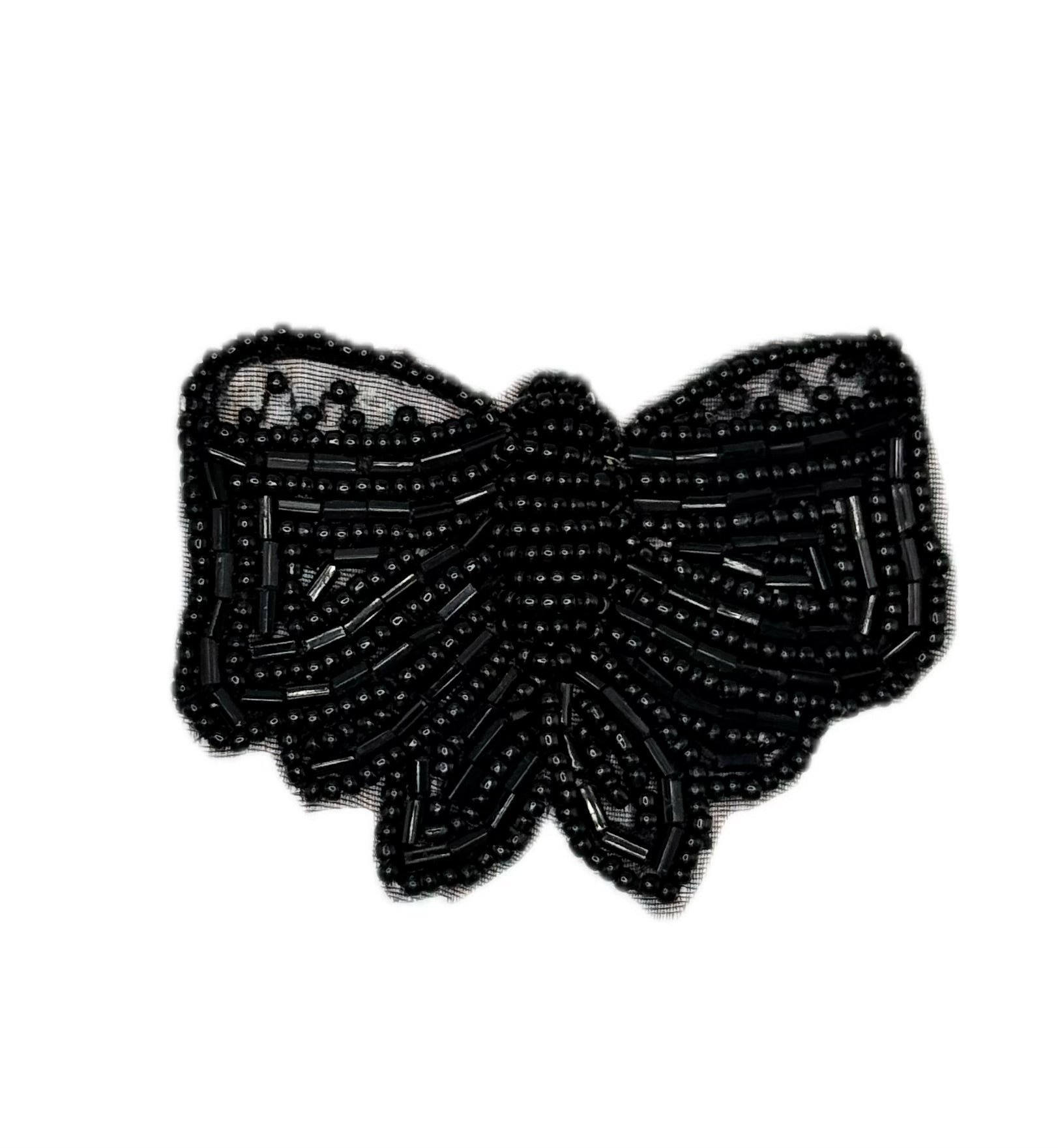 Black beaded butterfly patch on a white background