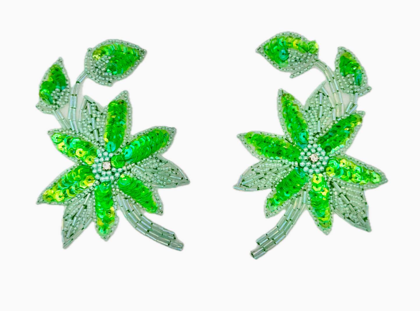 Flower Pair - Lime Green Iridescent Sequins and Beads - Rhinestone 4.75" x 3.25" each side