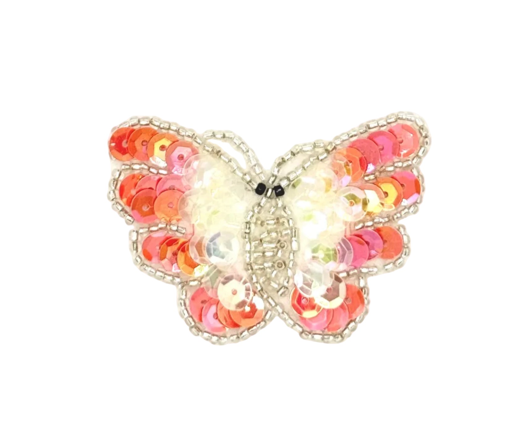Butterfly-shaped dpatch with pink and orange sequins on a white background