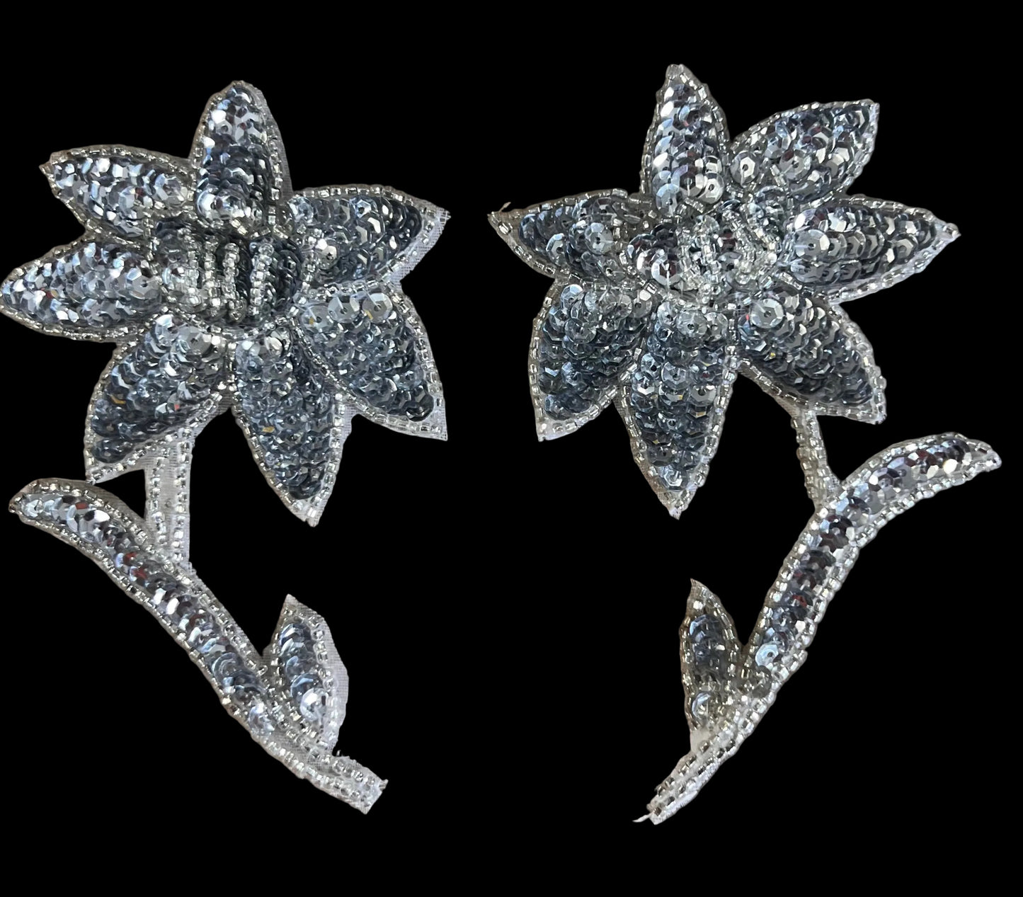 Flower Pair with Silver Sequins and Beads 4.5" x 3"