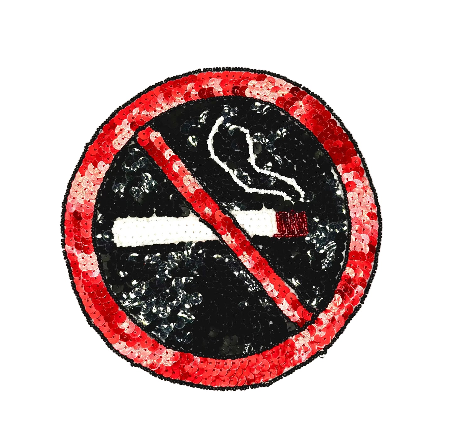 No smoking symbol with red red and Black sequins and beads on a white background