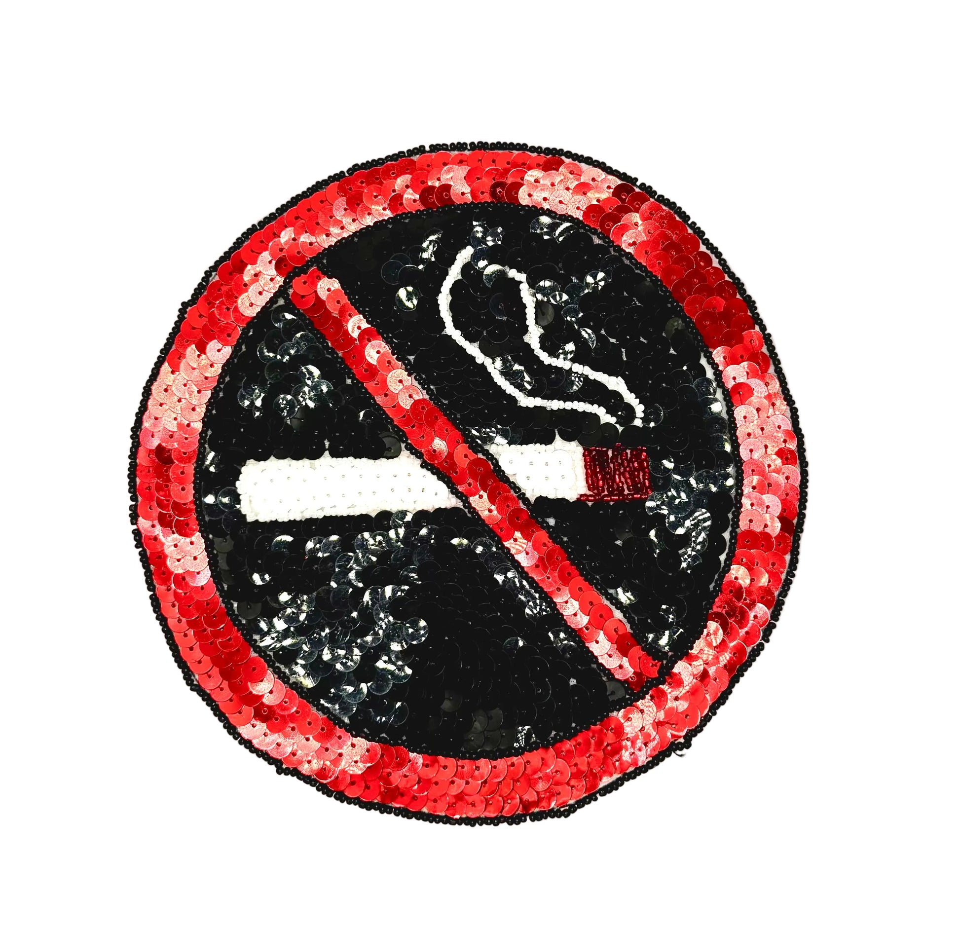 No smoking symbol with red red and Black sequins and beads on a white background