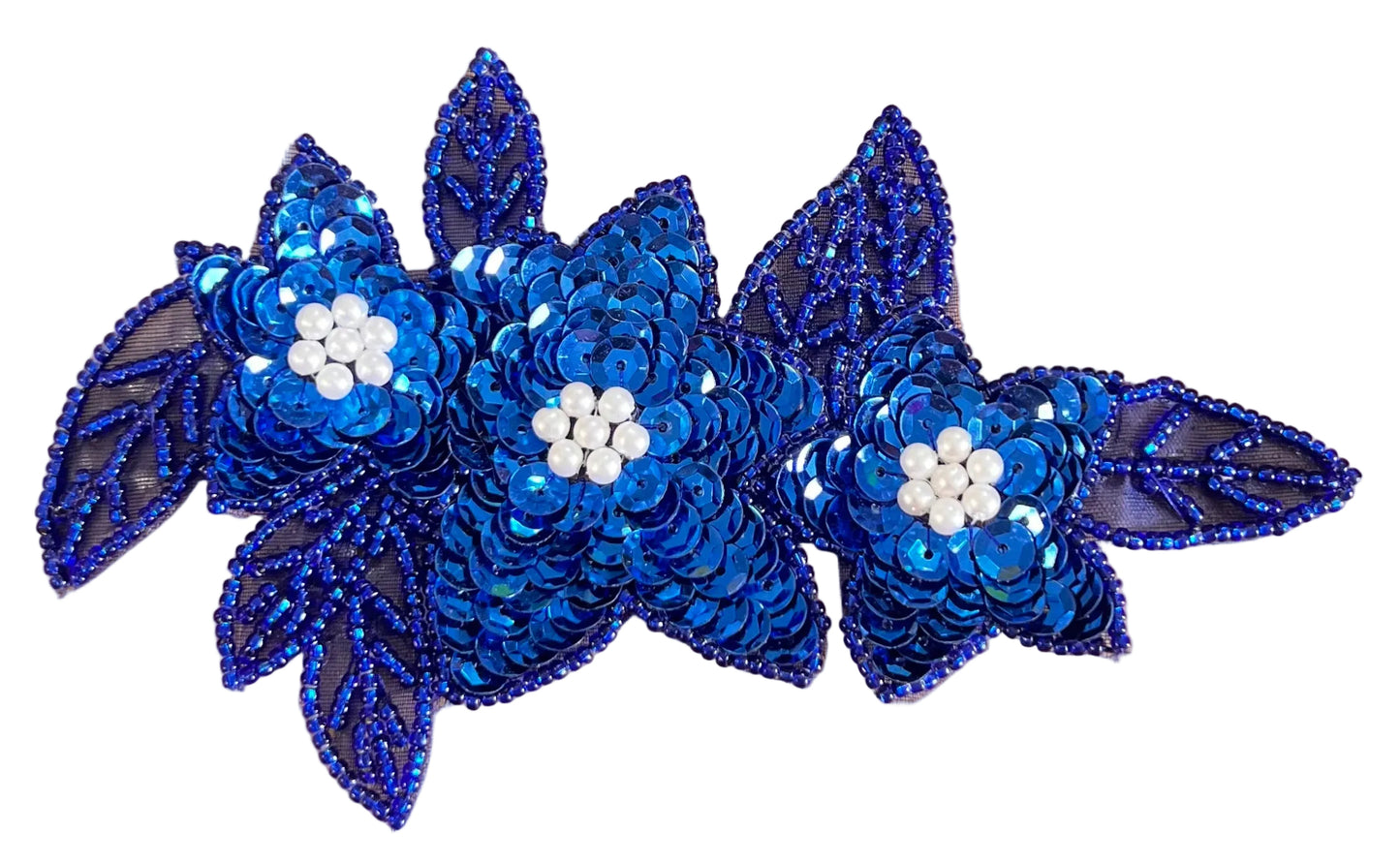 Ramo triple de flores con lentejuelas y cuentas azul rey con perlas de 15 x 9 cm