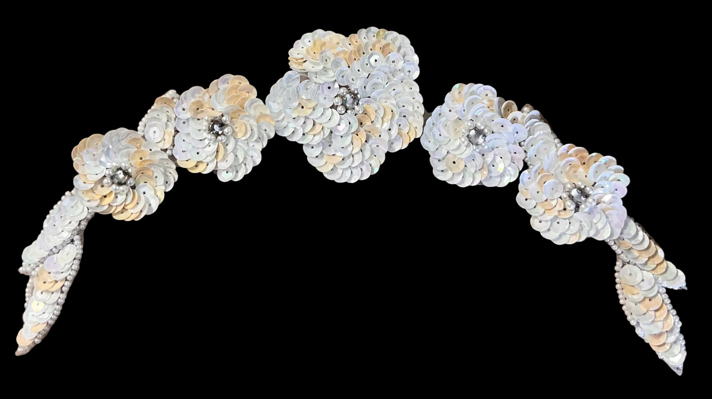 Flower with Beige and White Sequins and Beads and Rhinestones 8.5" x 4"