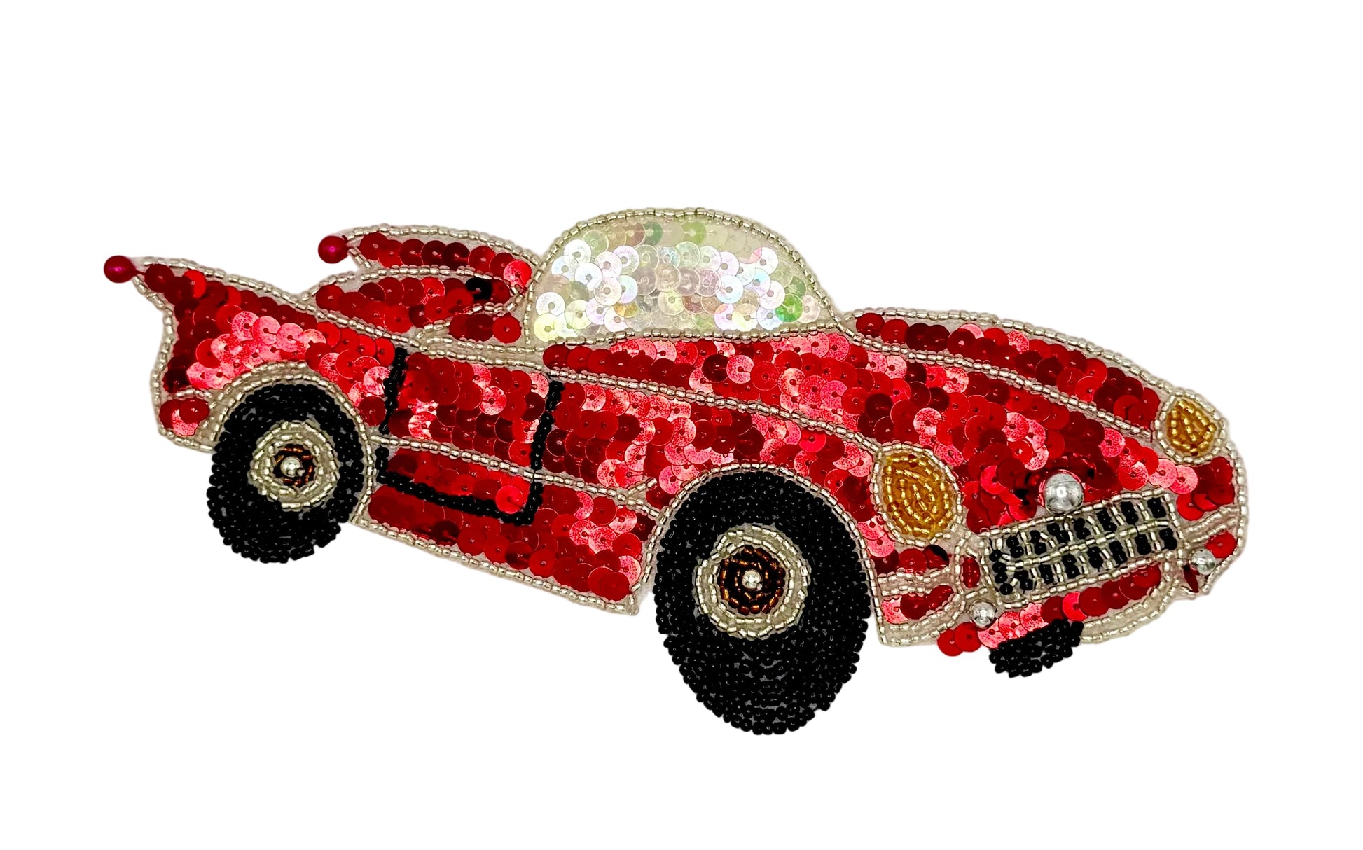 Sequined red car design on a white background