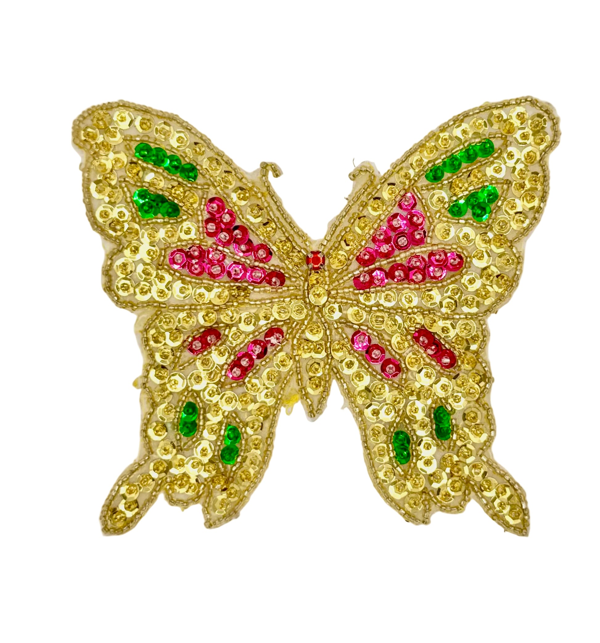 Butterfly-shaped sequin and beaded patch with gold, fuchsia and green details on a white background