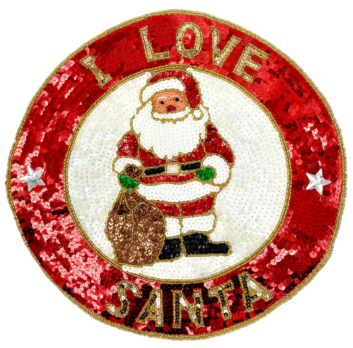 Large Sequin "I LOVE SANTA" - Santa with Toy Bag - Sequins and Glass Beads - 11.25”