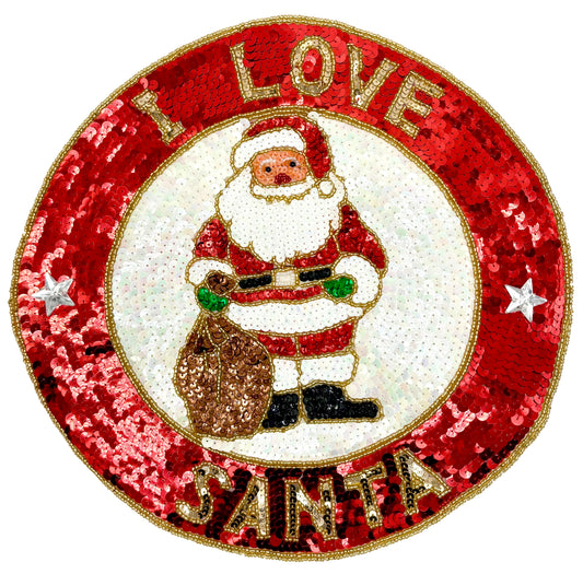Large Sequin "I LOVE SANTA" - Santa with Toy Bag - Sequins and Glass Beads - 11.25”