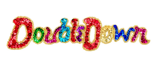 Colorful 'Double Down' logo with sequins and beads on a white background
