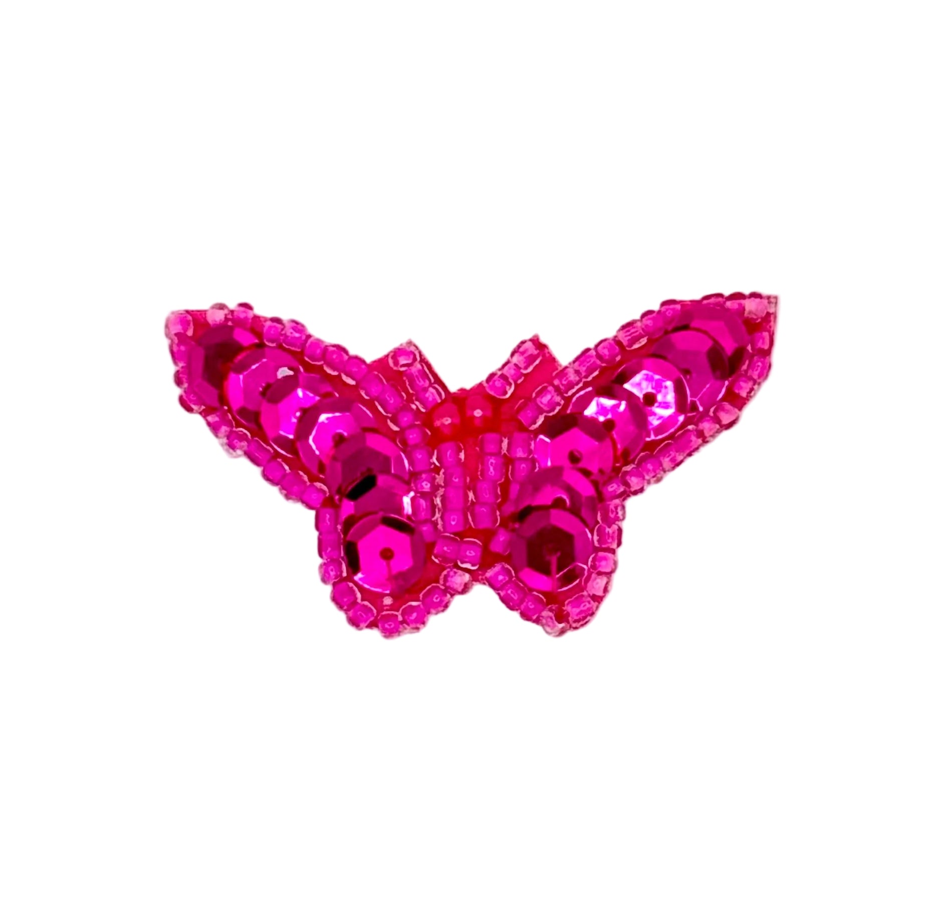 Fuchsia and Pink butterfly-shaped sequin patch on a white background
