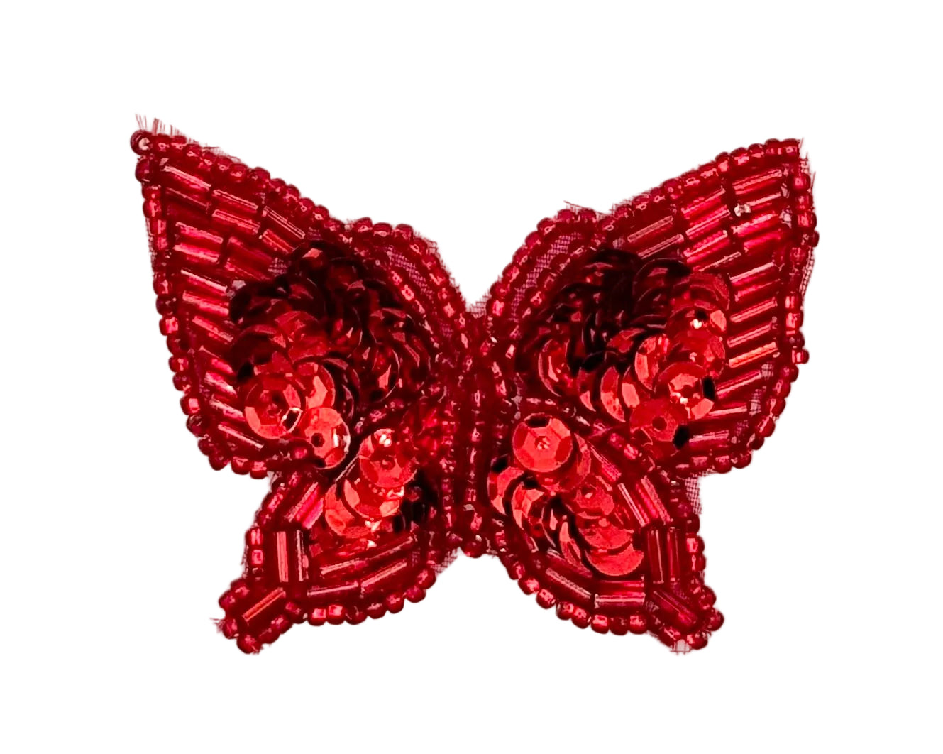Red butterfly-shaped patch with sequins on a white background
