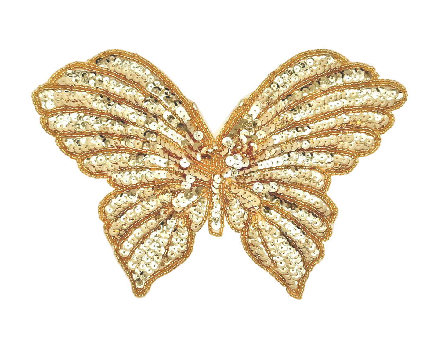Gold butterfly-shaped sequin patch on a white background