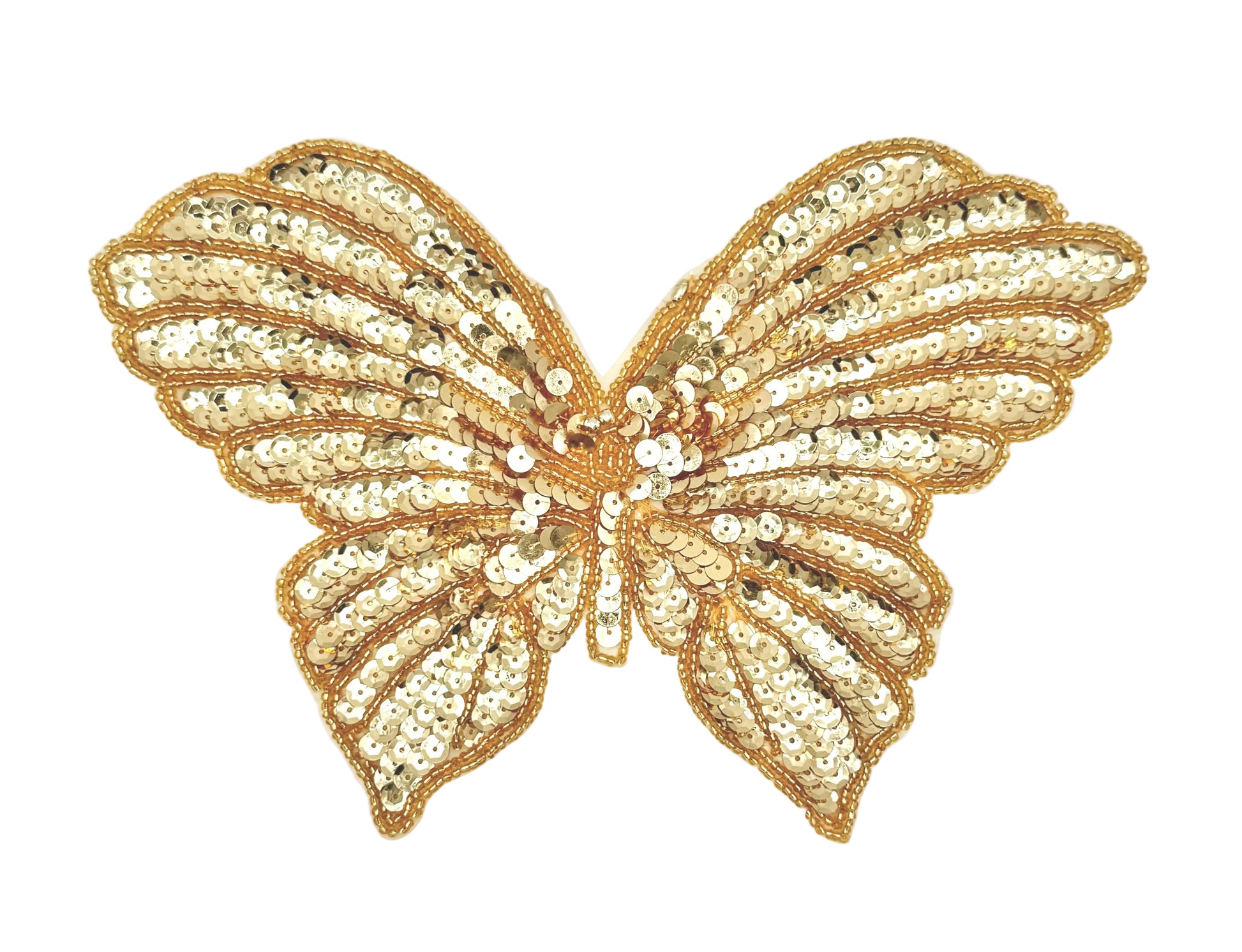 Gold butterfly-shaped sequin patch on a white background