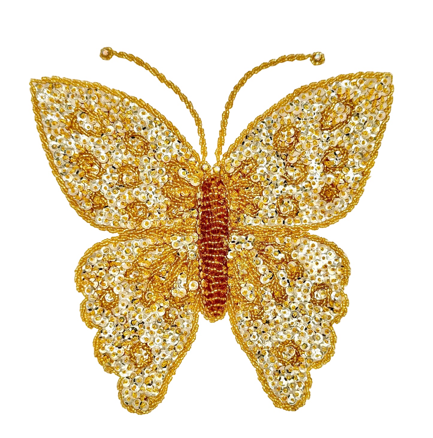 Gold butterfly decorative patch with sequins, glass beads and AB rhinestones on a white background