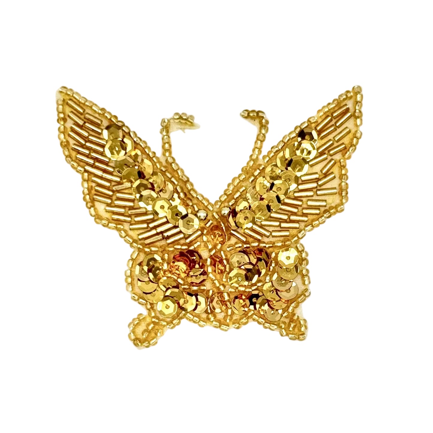 Gold butterfly-shaped sequin and bead patch on a white background