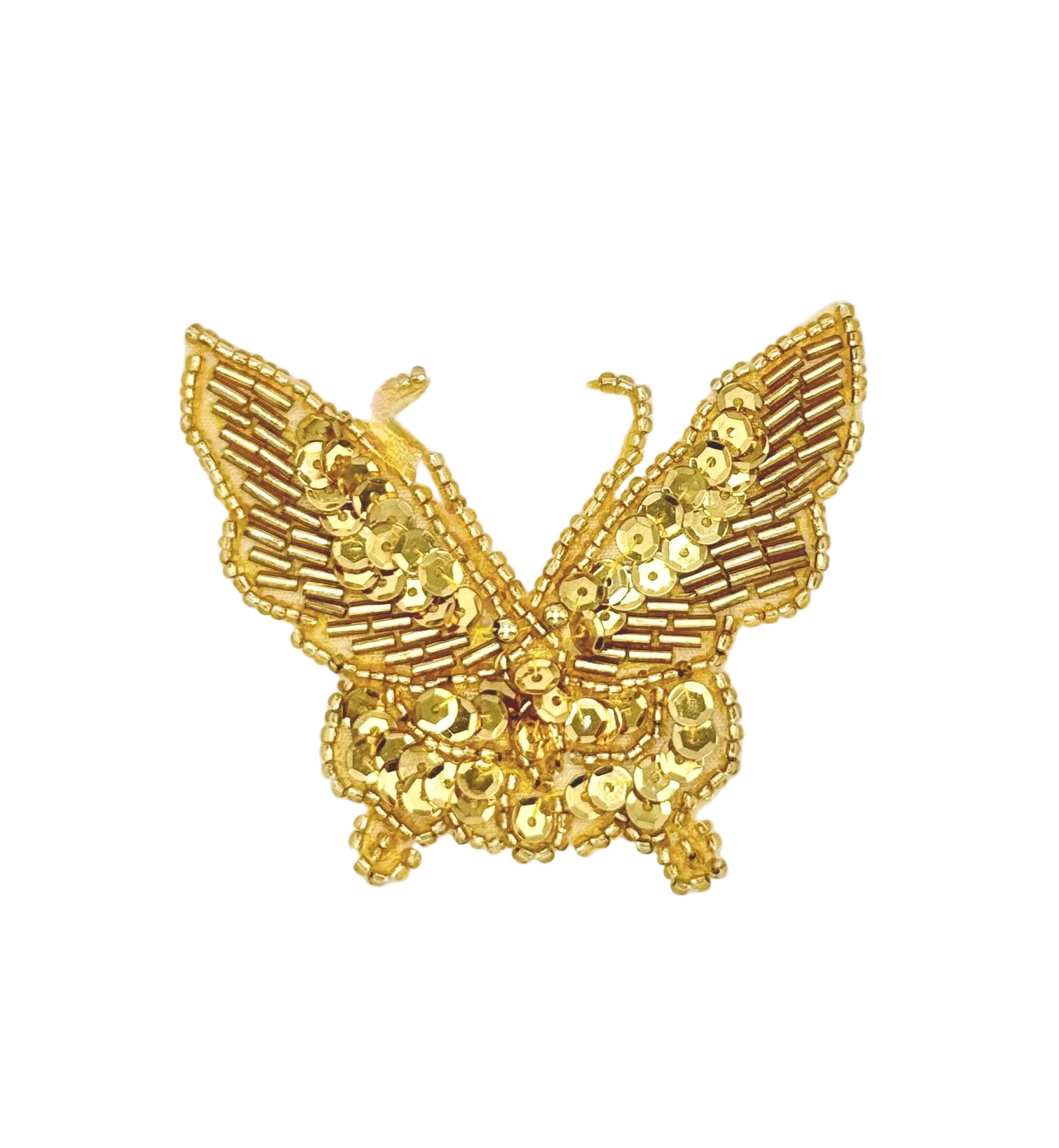 Gold butterfly-shaped sequin patch on a white background