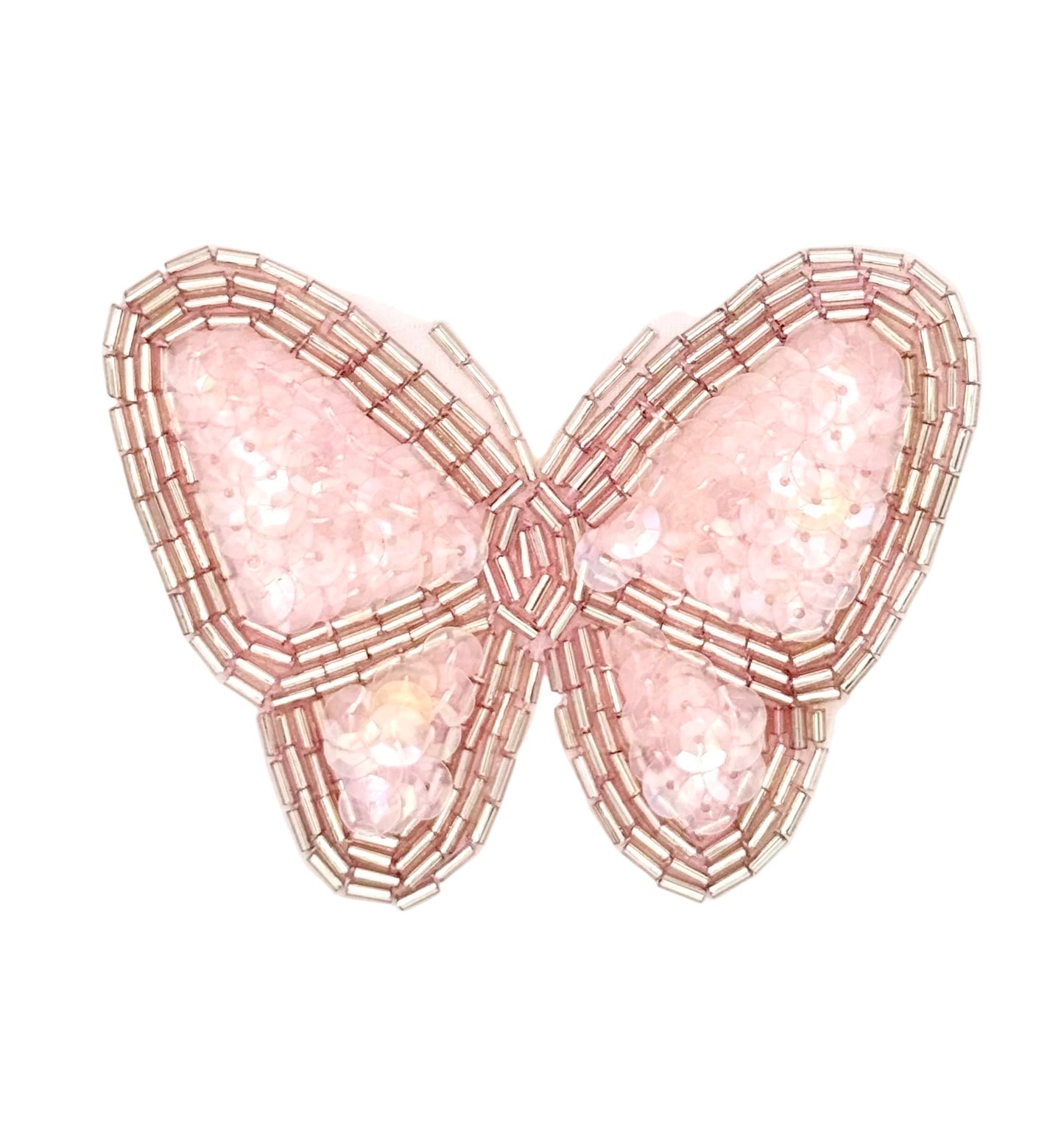 Beaded butterfly-shaped patch with iridescent sequins on a white background
