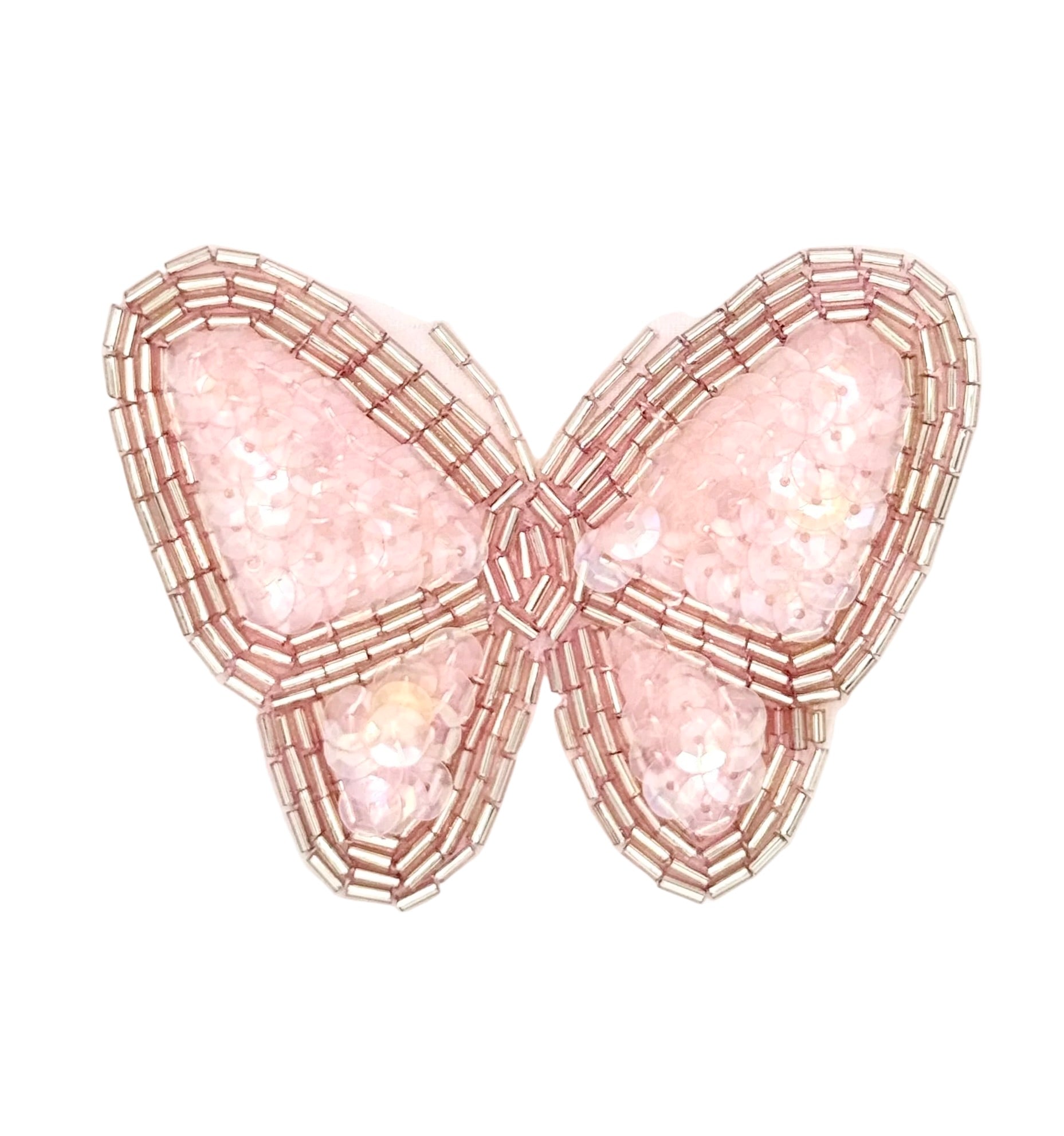 Beaded butterfly-shaped patch with iridescent sequins on a white background