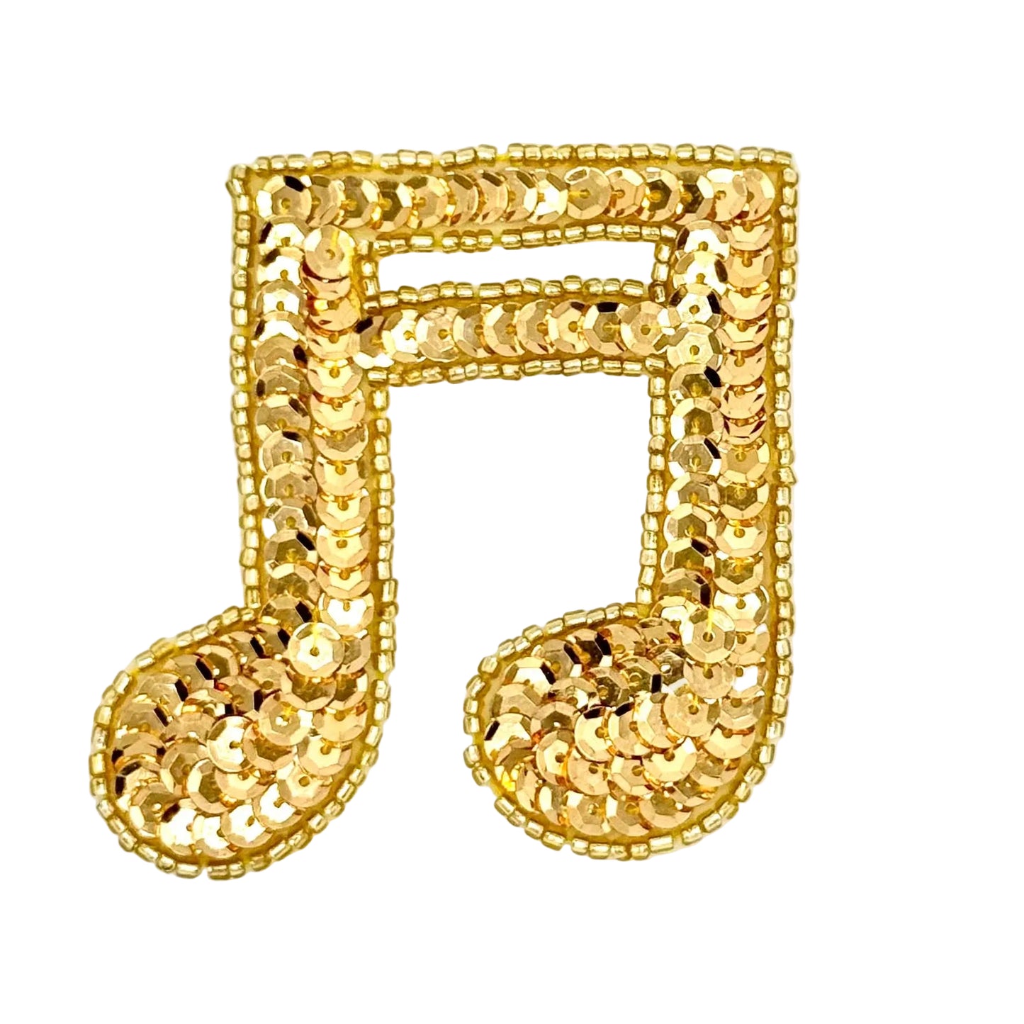 Gold sequin and bead music note-shaped patch on a white background