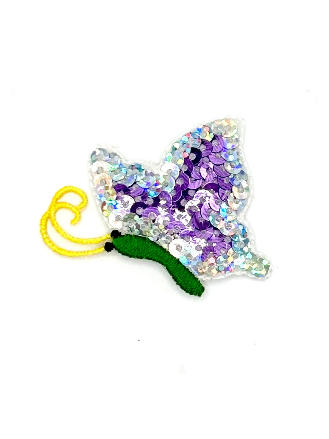 Embroidered Butterfly-shaped patch with silver and purple sequin body and green stem on a white background