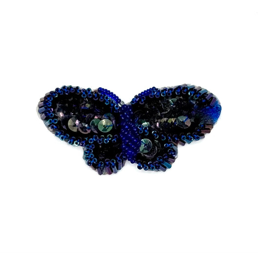 Black and Blue beaded butterfly-shaped patch on a white background