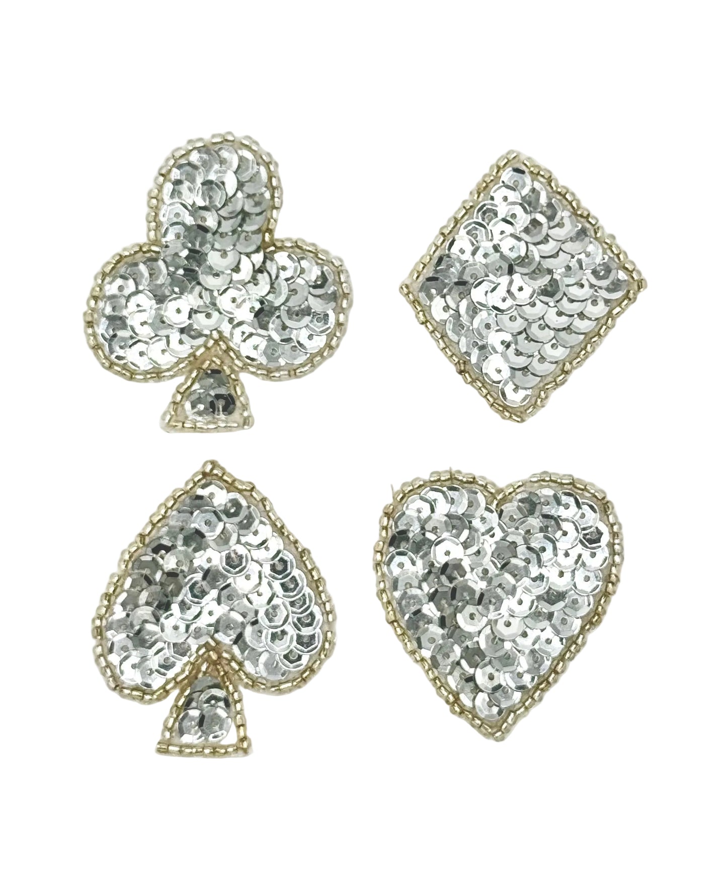 Set of four silver sequin patches shaped like a club, diamond, heart, and spade on a white background.