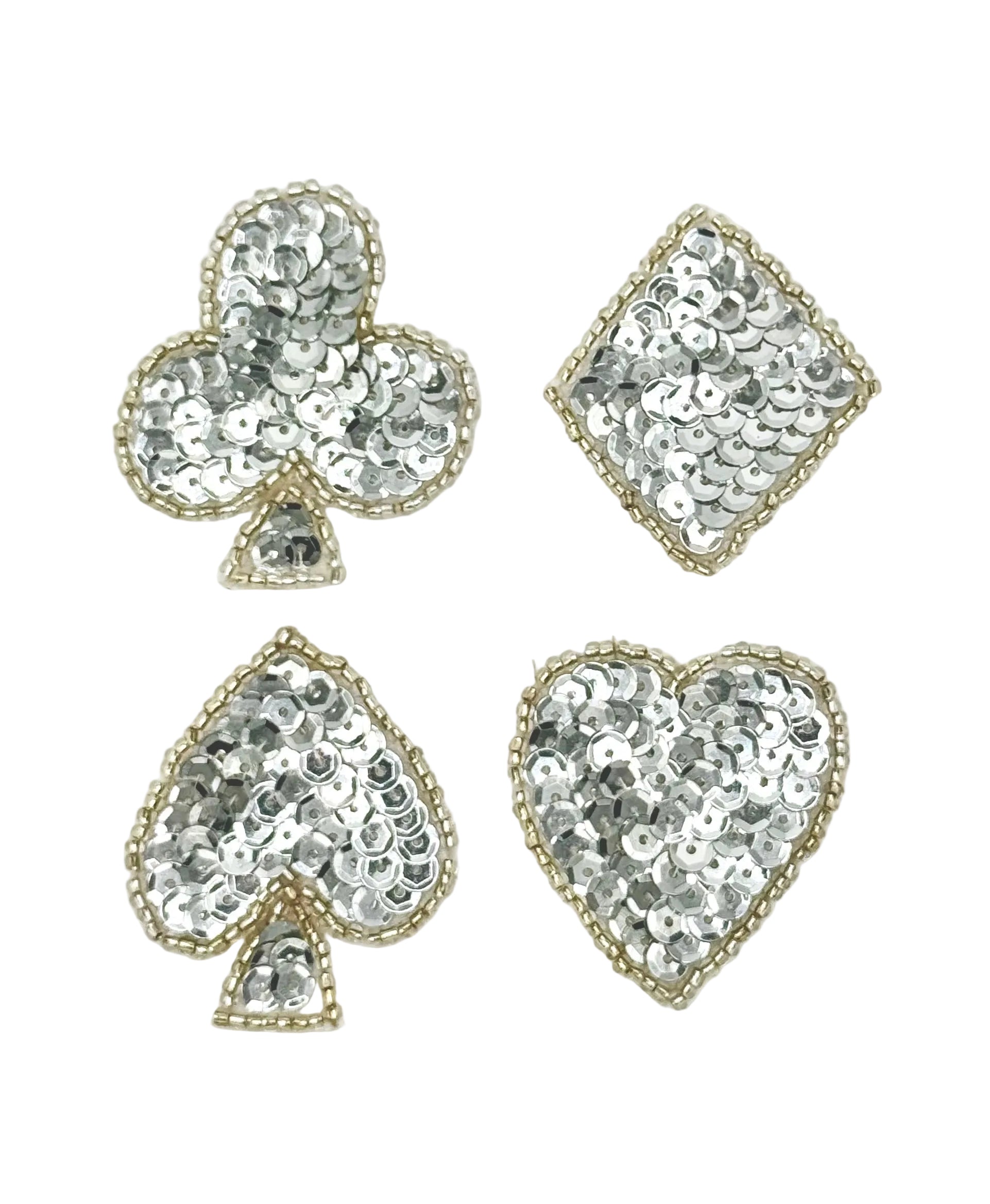 Set of four silver sequin patches shaped like a club, diamond, heart, and spade on a white background.