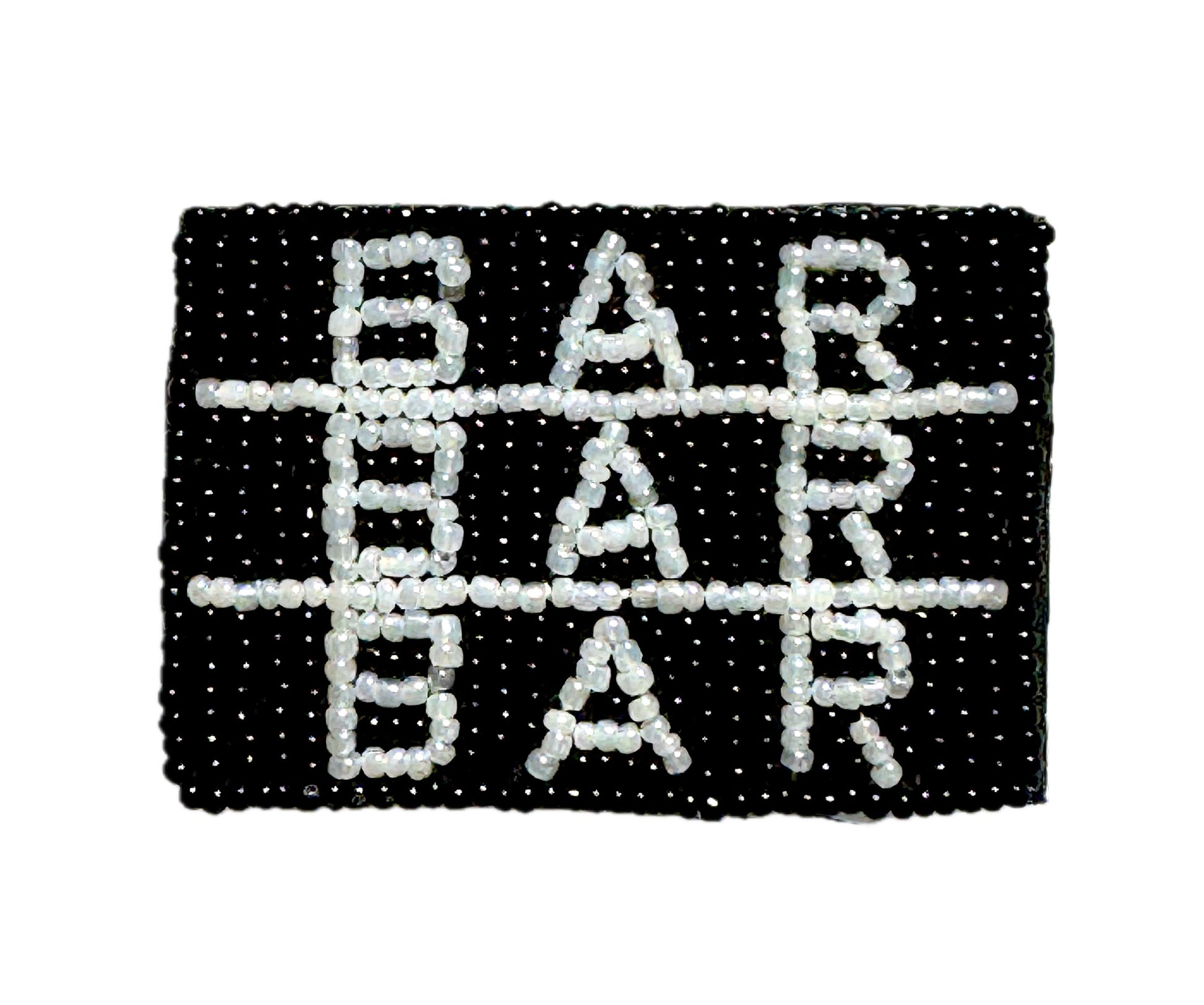 Black beaded slot machine symbol patch with 'BAR' text on a white background