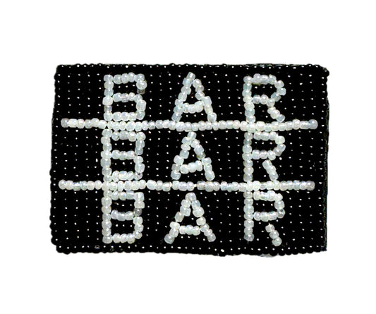 Black beaded slot machine symbol patch with 'BAR' text on a white background
