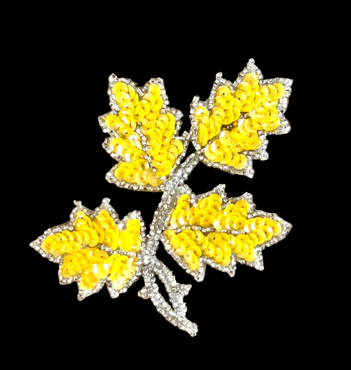 Leaf Pair with Yellow Sequins and Silver Beads 5" x 4"