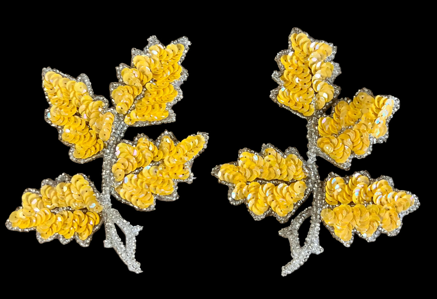 Leaf Pair with Yellow Sequins and Silver Beads 5" x 4"