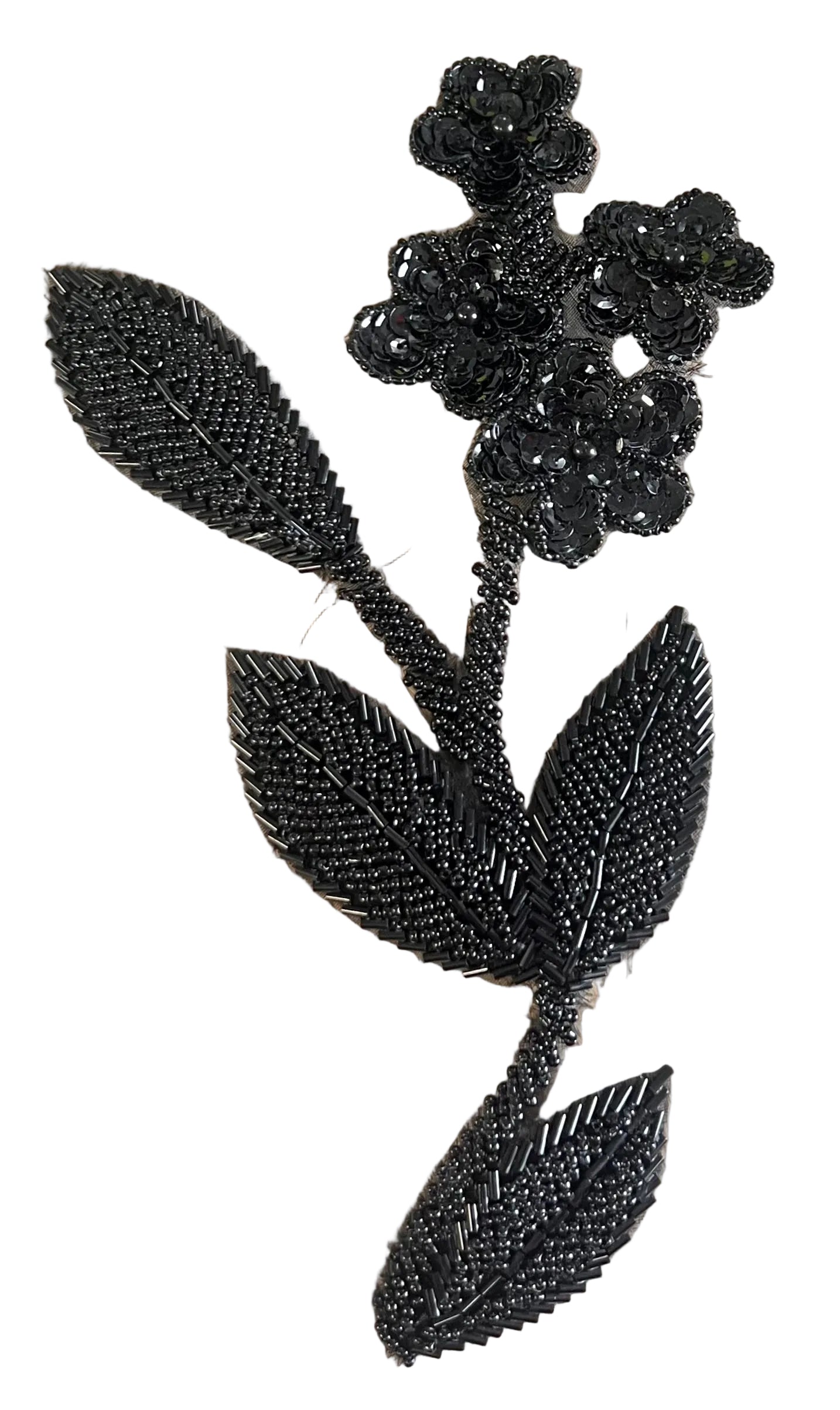 Flor con lentejuelas negras y cuentas de cristal 21.5 cm x 10 cm