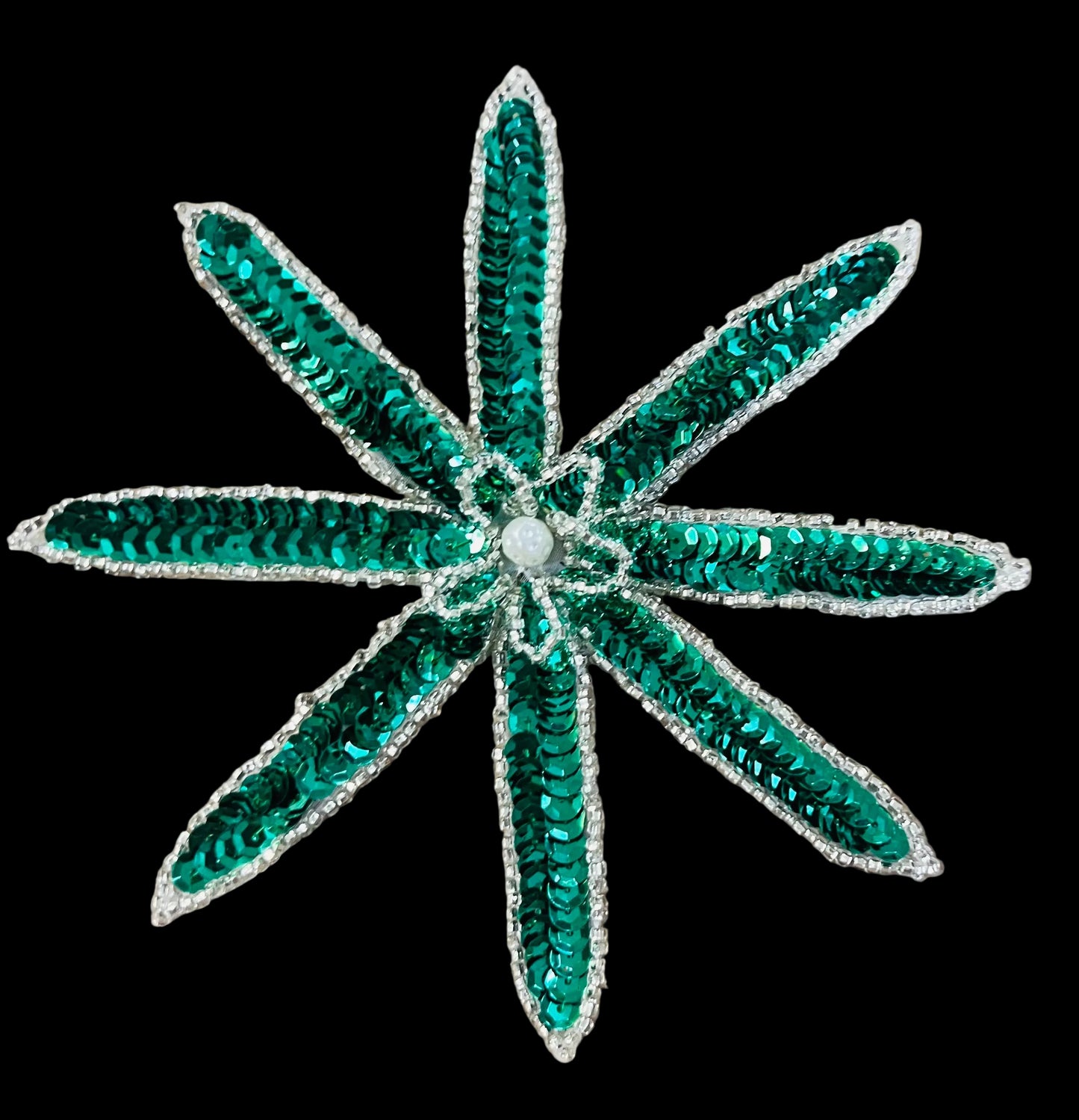 Flower Appliqué with Green Sequins and Silver Beads Pearl Center 6" x 6"