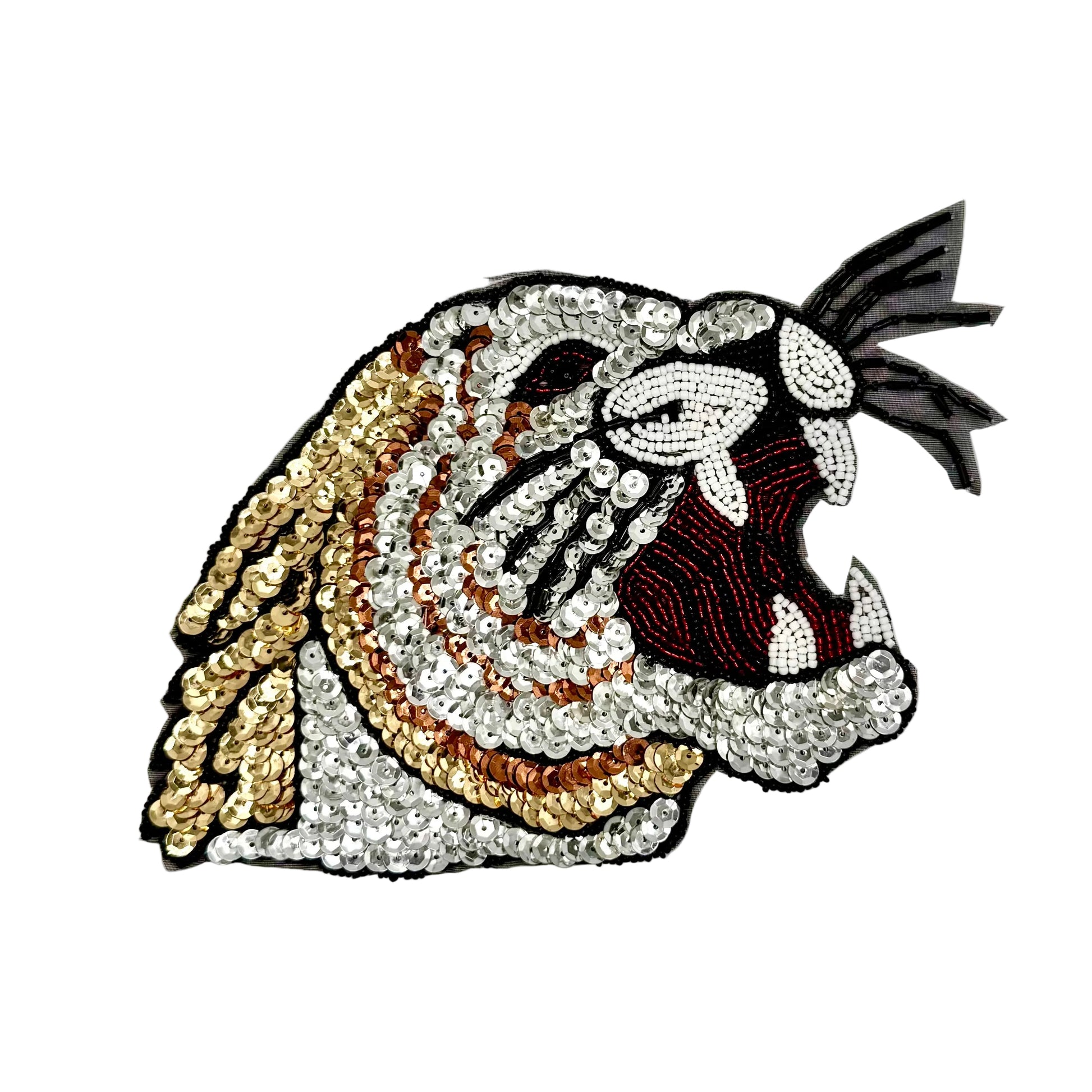 Sequin and bead tiger head roaring on a white background