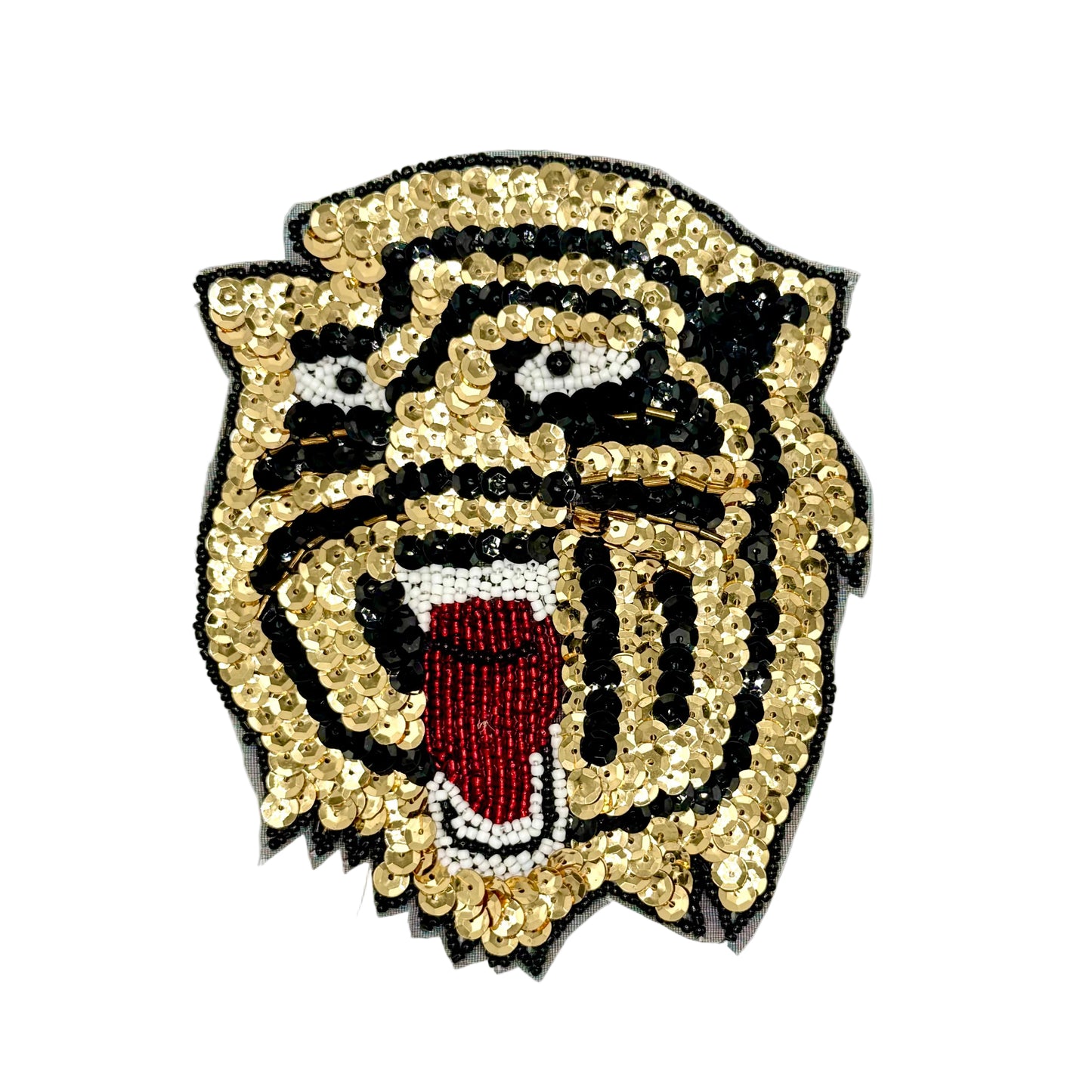 Sequin tiger head roaring on a white background