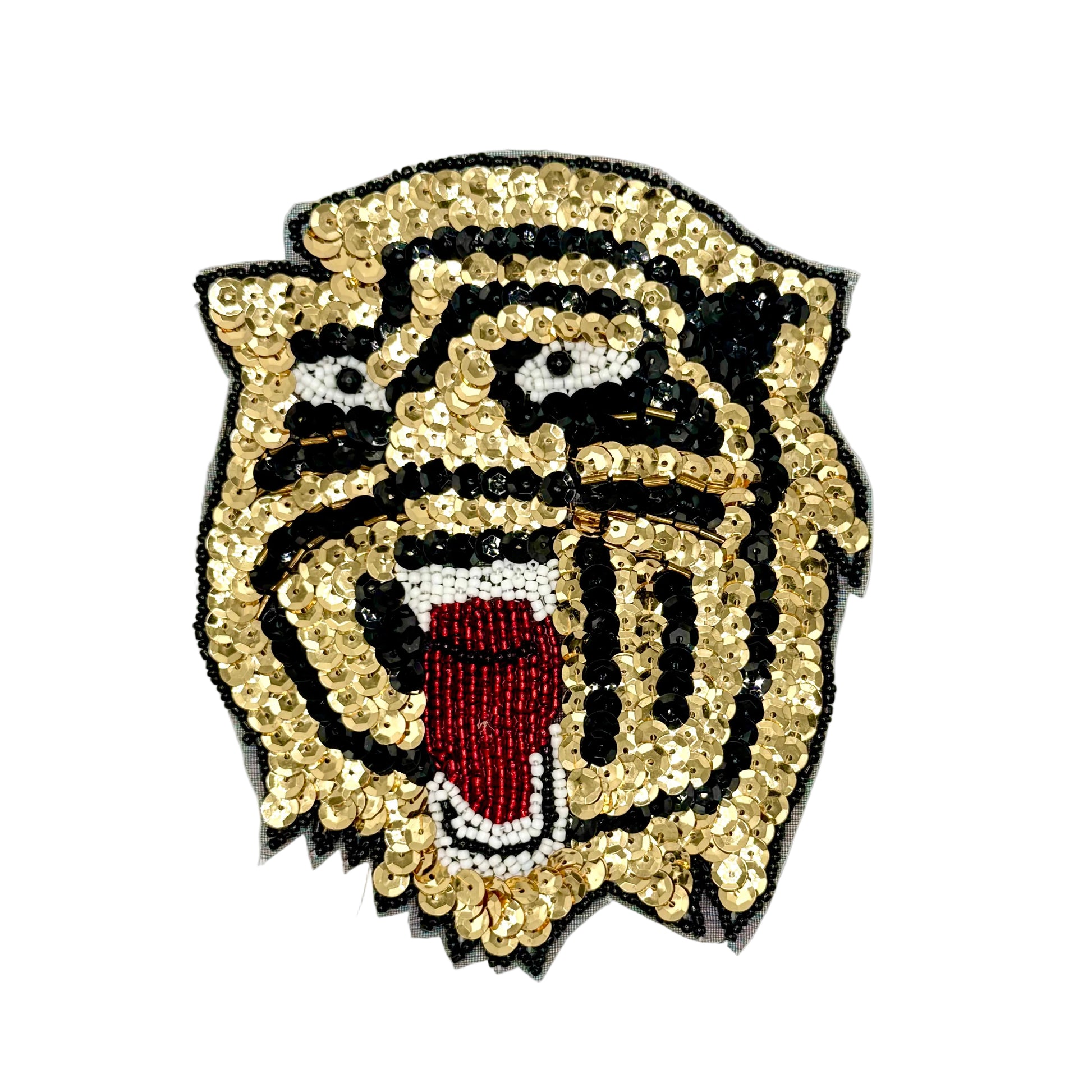 Sequin tiger head roaring on a white background