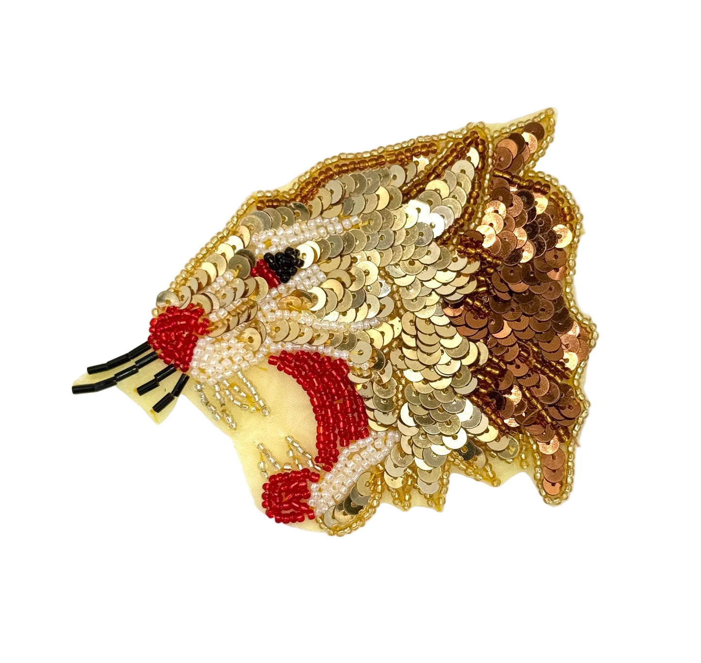 Sequin and bead tiger head roaring on a white background
