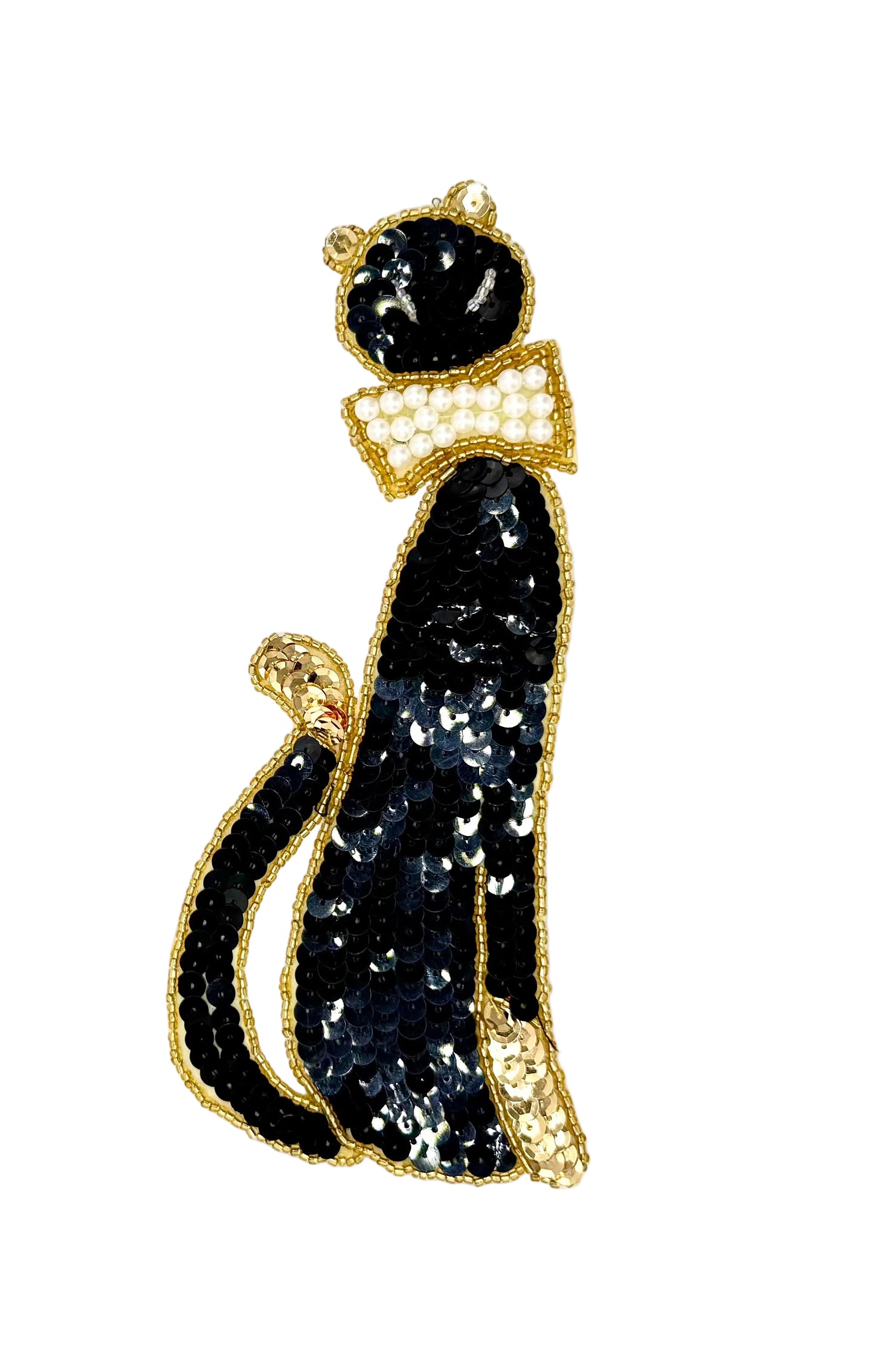 Sequin and bead cat patch with pearl bead bow on a white background
