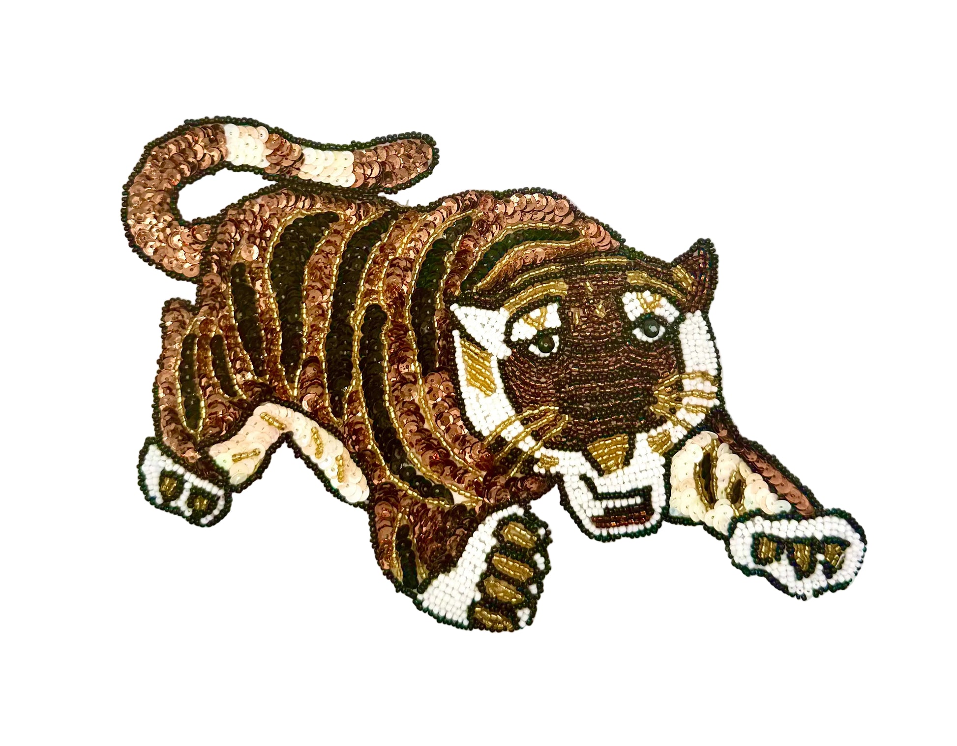 Sequin and bead tiger on a white background